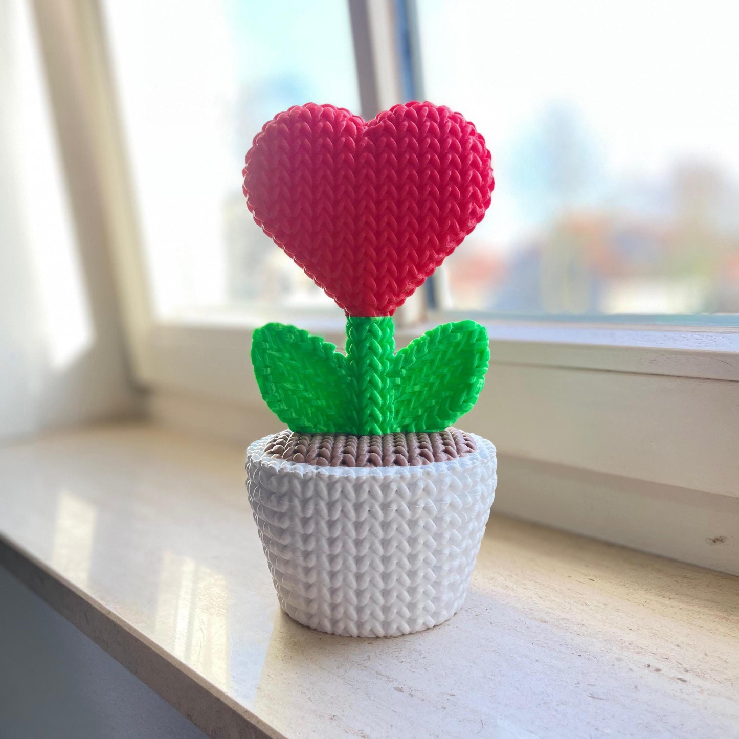 Crocheted Heart Flower in Pot | Unique Knitted Braided Style Home Decor | Cute Valentine’s Gift & Desk Ornament for her and for him