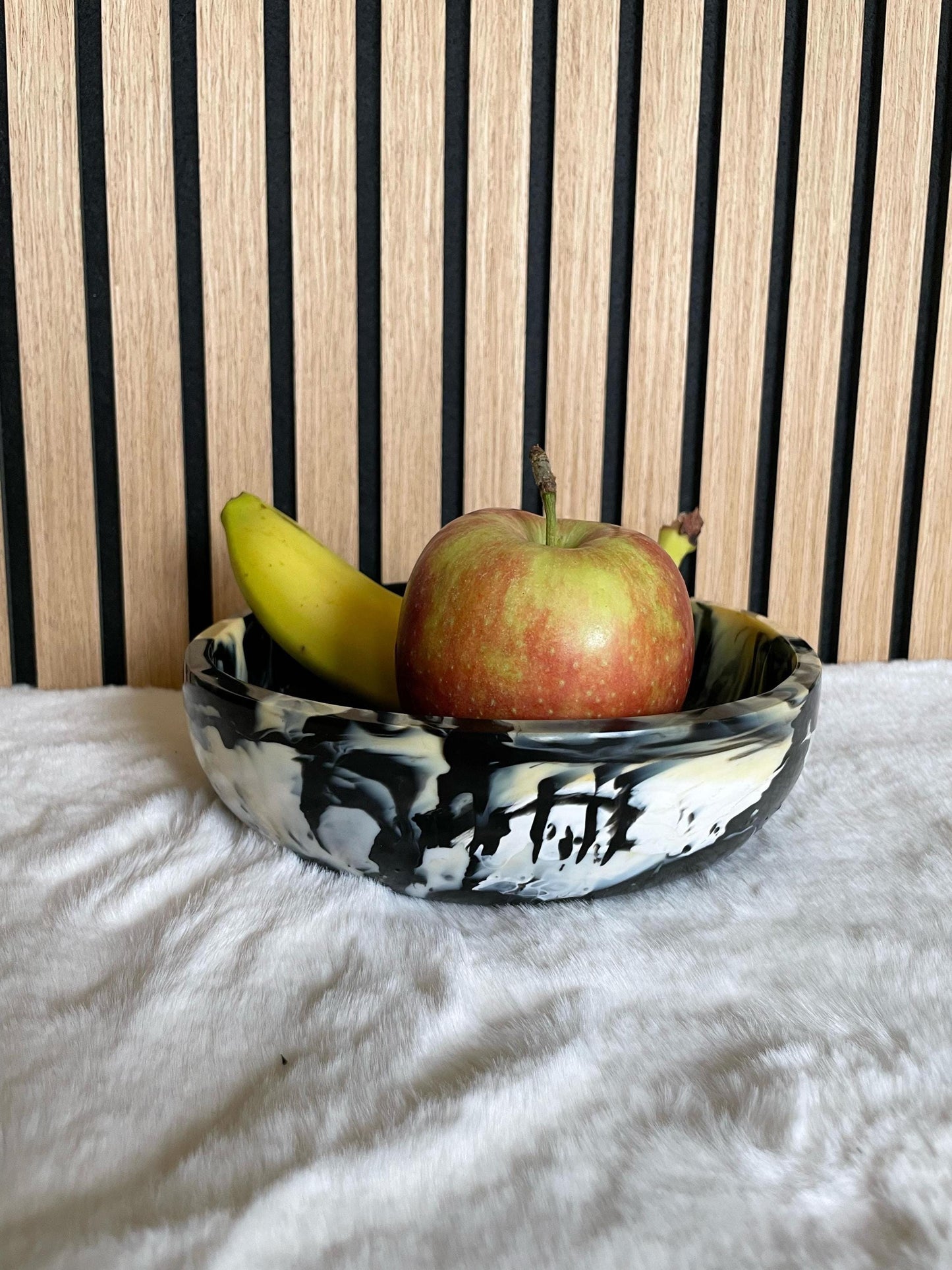 Marbled Bowl Handmade | Modern Decorative & Serving Piece | Black White Cream Swirls | Unique Glossy Design | 3D Printed Recycled Materials