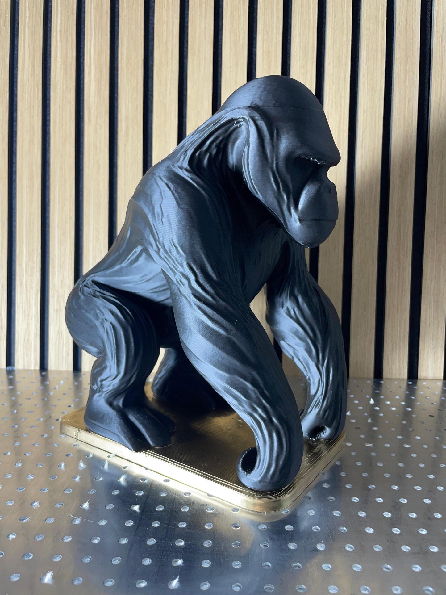 Gorilla Sculpture Black Glossy Ape Statue Contemporary Animal Art Gold Base Primate Decor Office Gift Wildlife Figurine