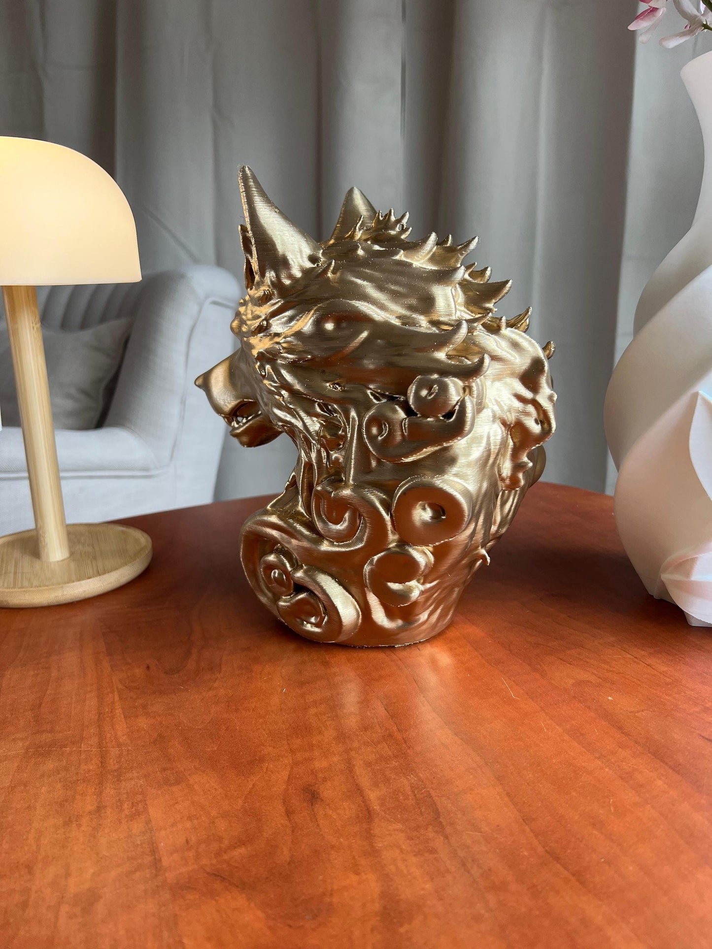 Gold Wolf Head | 3D Printed Low Poly Wolf Bust in Gold | Striking Modern Decor for Home or Office