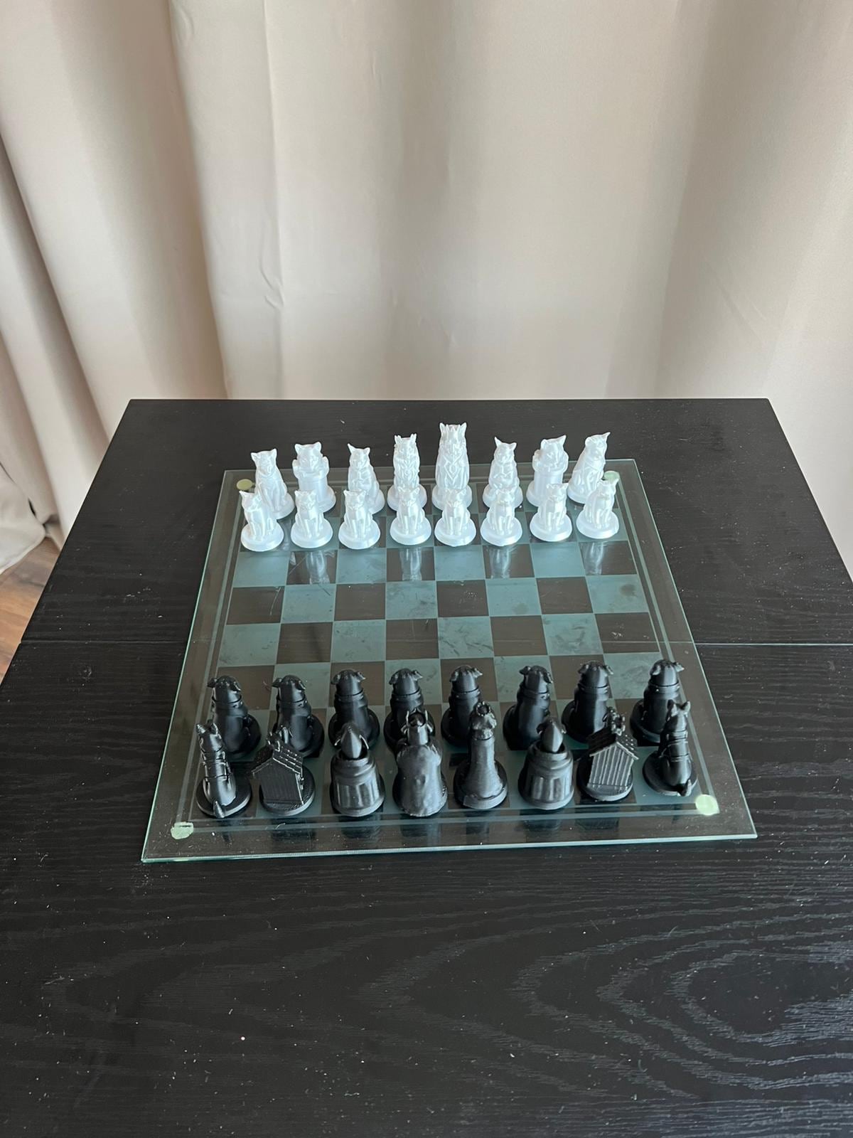 Chess Set Cat Vs Dog | Animal Chess Set | Unique Handcrafted Origami | Black and White Foil Pieces | Chess Gift | Modern Decor | Chessboard