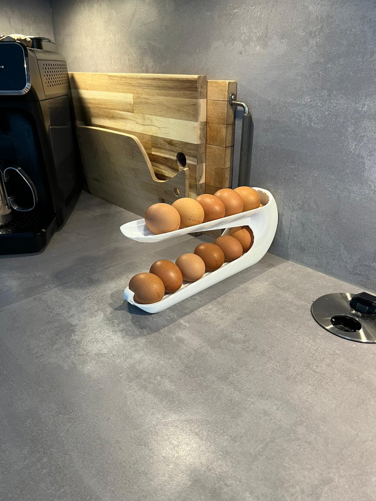 Egg Holder Dispenser | Egg Organizer | Modern Kitchen Storage | Rolling Egg Rack | Unique Countertop Display