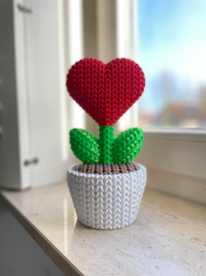 Braided Heart Flower in Pot | Unique Knitted Style Home Decor | Cute Valentine’s Gift & Desk Ornament for her and for him