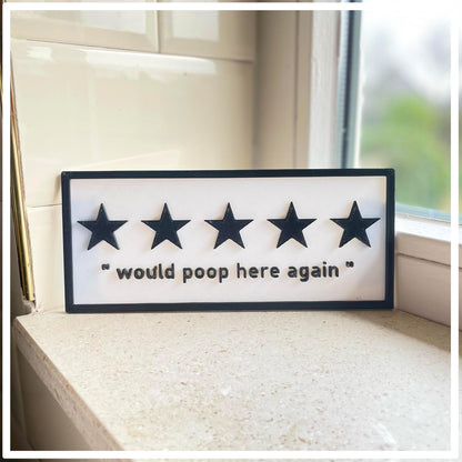 Bathroom Sign Five Star – “Would Poop Here Again,” Fun Decor & Gag Gift, Perfect for Guest Restrooms or Housewarming Surprises!