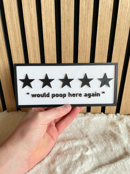 Bathroom Sign Five Star – “Would Poop Here Again,” Fun Decor & Gag Gift, Perfect for Guest Restrooms or Housewarming Surprises!
