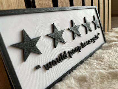 Bathroom Sign Five Star – “Would Poop Here Again,” Fun Decor & Gag Gift, Perfect for Guest Restrooms or Housewarming Surprises!