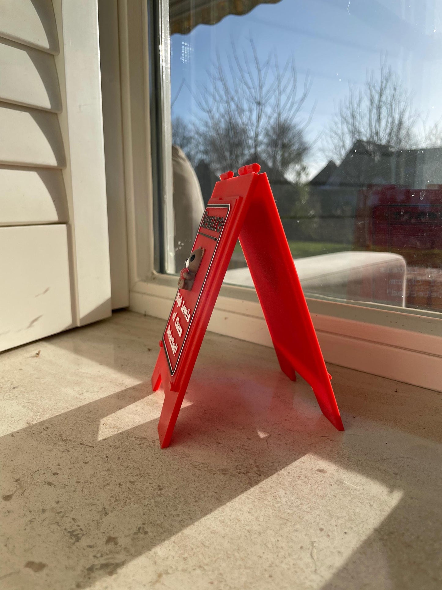 Funny Desk Sign Red A Frame – “Beware High Levels of Charm” Perfect Quirky Gift & Cute Novelty Tabletop Decor!