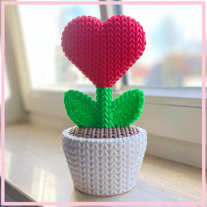 Crocheted Heart Flower in Pot | Unique Knitted Braided Style Home Decor | Cute Valentine’s Gift & Desk Ornament for her and for him