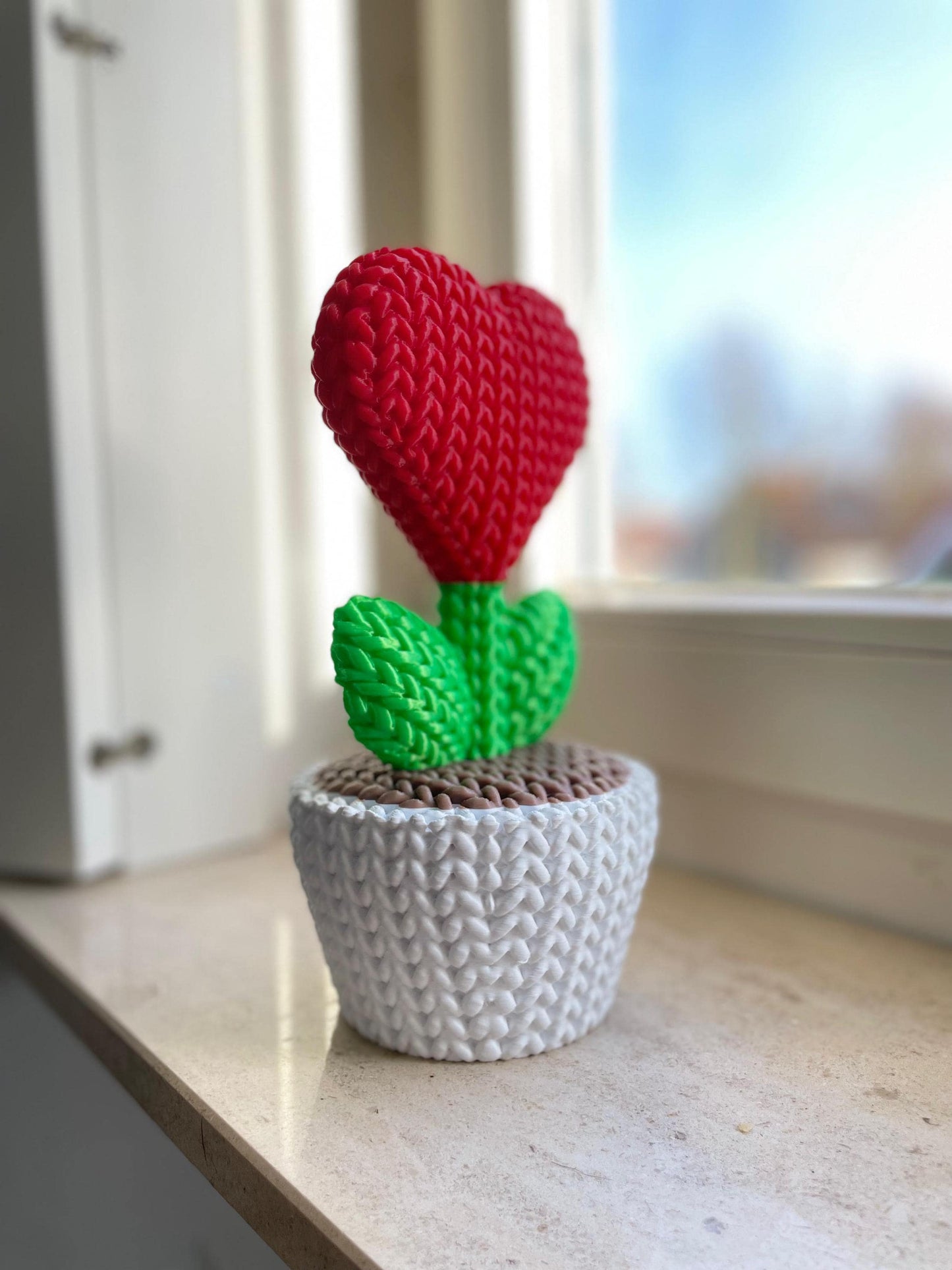 Braided Heart Flower in Pot | Unique Knitted Style Home Decor | Cute Valentine’s Gift & Desk Ornament for her and for him