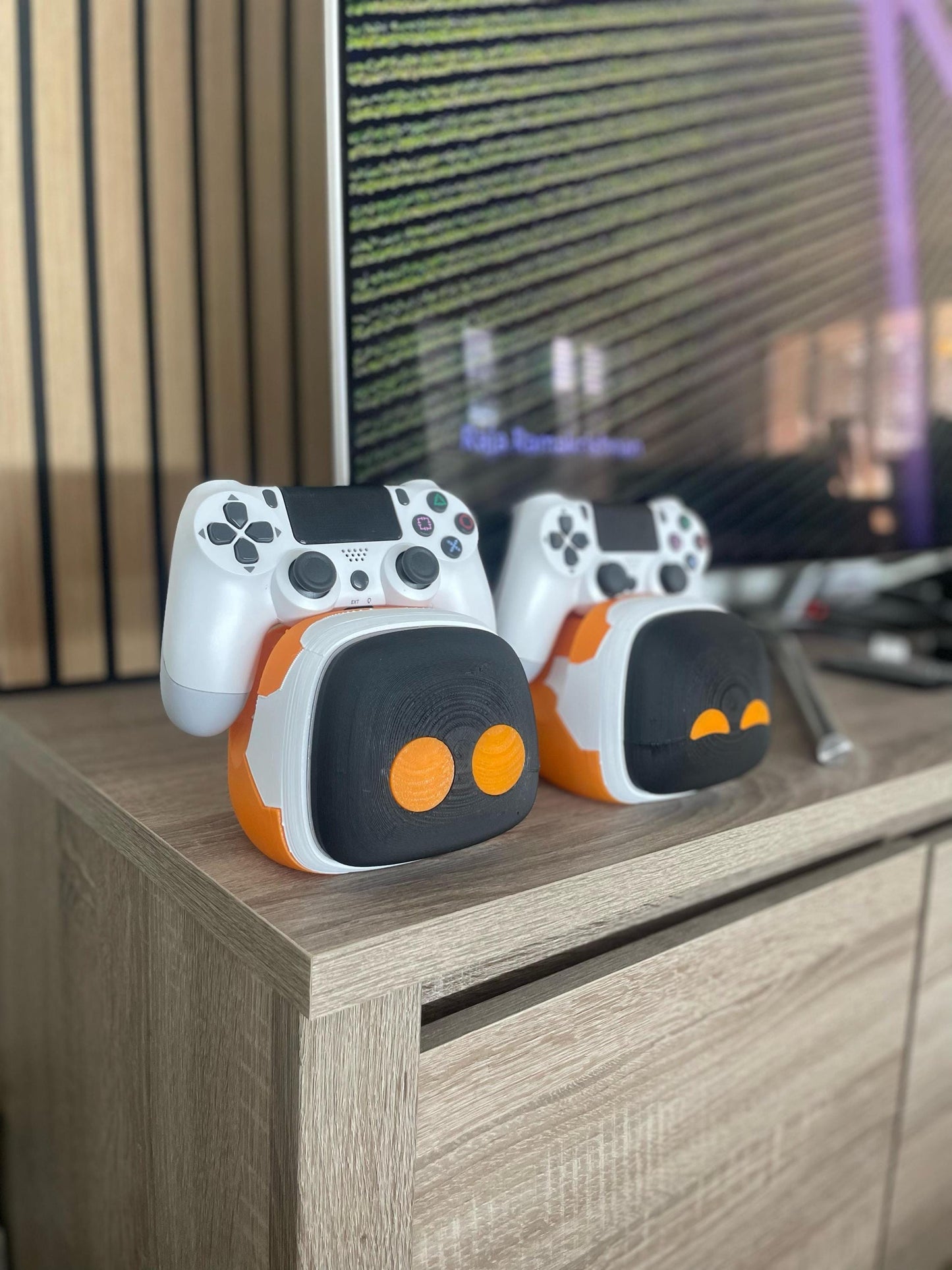 Game Controller Stand x 2 - Cute Robot Design, 3D Printed, Black & Orange Gaming Decor