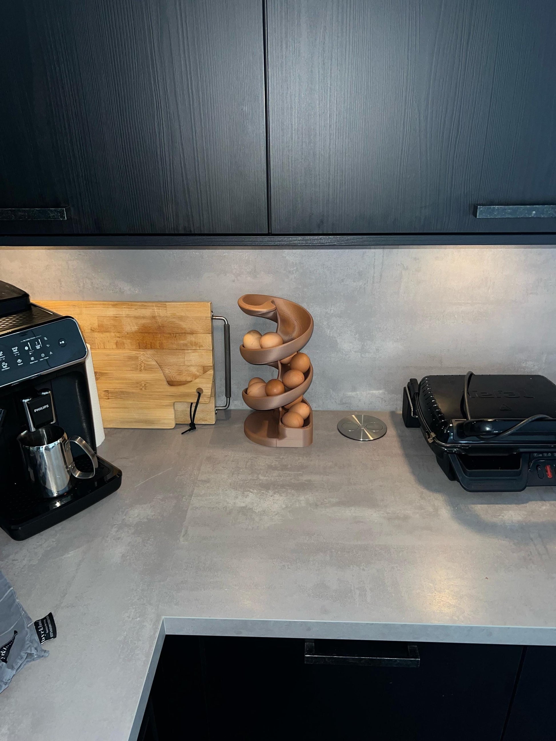 Egg Holder Dispenser | Spiral Egg Organizer | Modern Kitchen Storage | Rolling Egg Rack | Unique Countertop Display