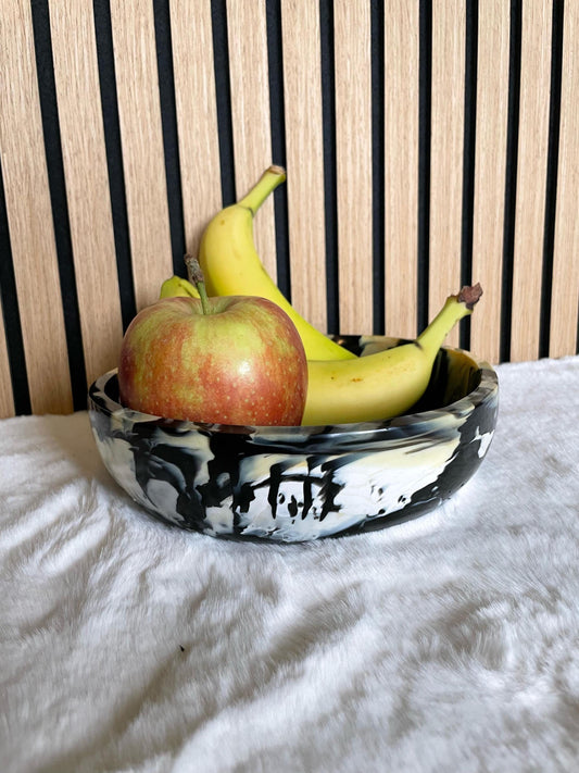 Marbled Bowl Handmade | Modern Decorative & Serving Piece | Black White Cream Swirls | Unique Glossy Design | 3D Printed Recycled Materials
