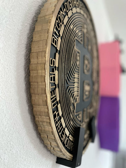Gold Bitcoin Coin Decoration Wall Art Display | 40cm Crypto Decor | Blockchain Office Decoration with Stands