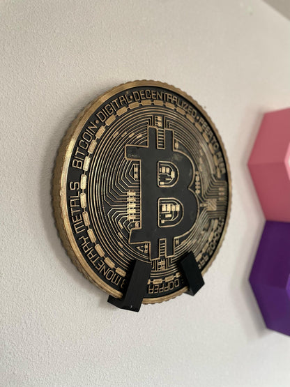 Gold Bitcoin Coin Decoration Wall Art Display | 40cm Crypto Decor | Blockchain Office Decoration with Stands