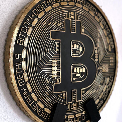 Gold Bitcoin Coin Decoration Wall Art Display | 40cm Crypto Decor | Blockchain Office Decoration with Stands