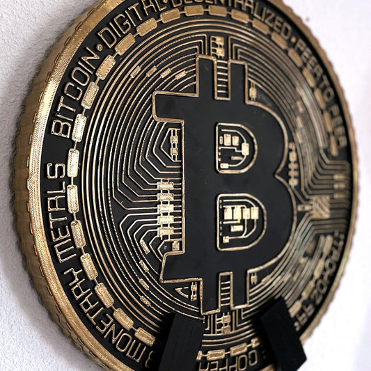 Gold Bitcoin Coin Decoration Wall Art Display | 40cm Crypto Decor | Blockchain Office Decoration with Stands