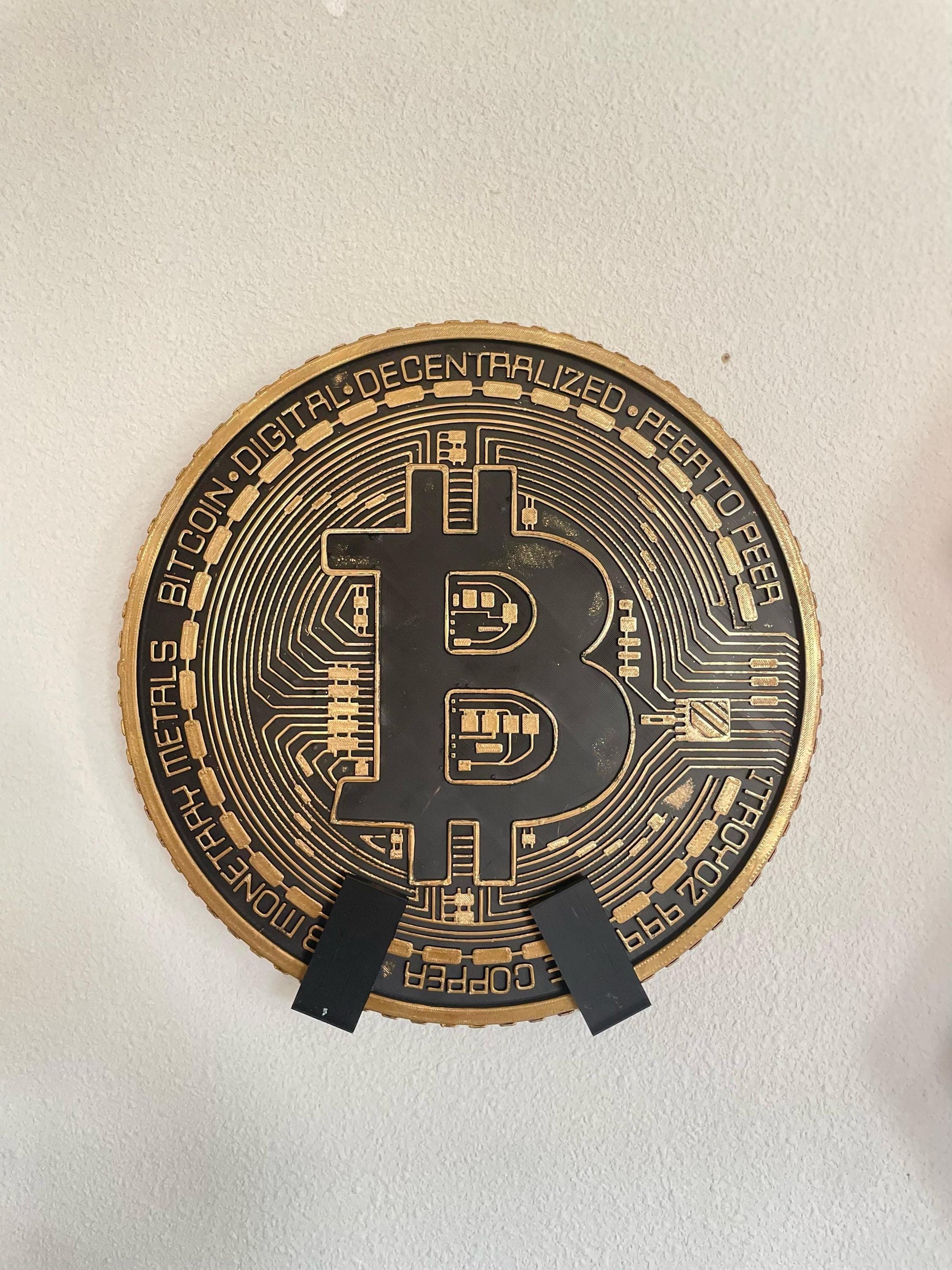 Gold Bitcoin Coin Decoration Wall Art Display | 40cm Crypto Decor | Blockchain Office Decoration with Stands