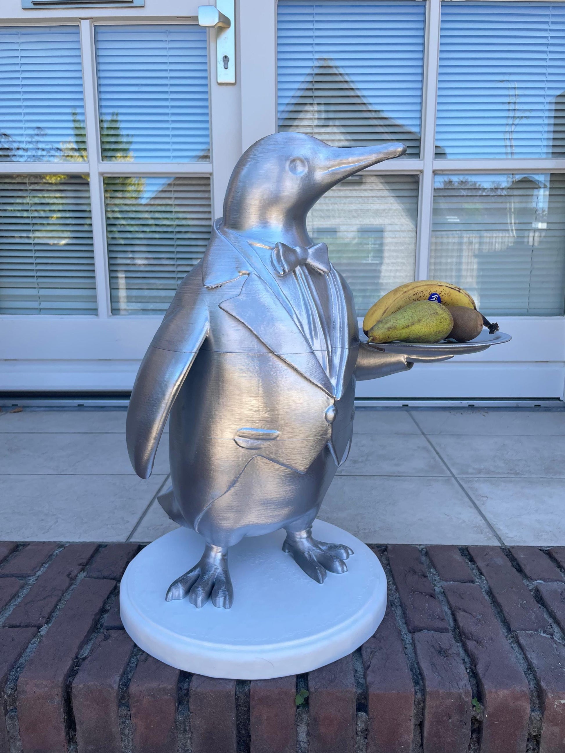 Penguin Butler Statue | Unique Home or Business Decor | Silver Tuxedo Server Figurine good for Fruit Tray display or showcase items