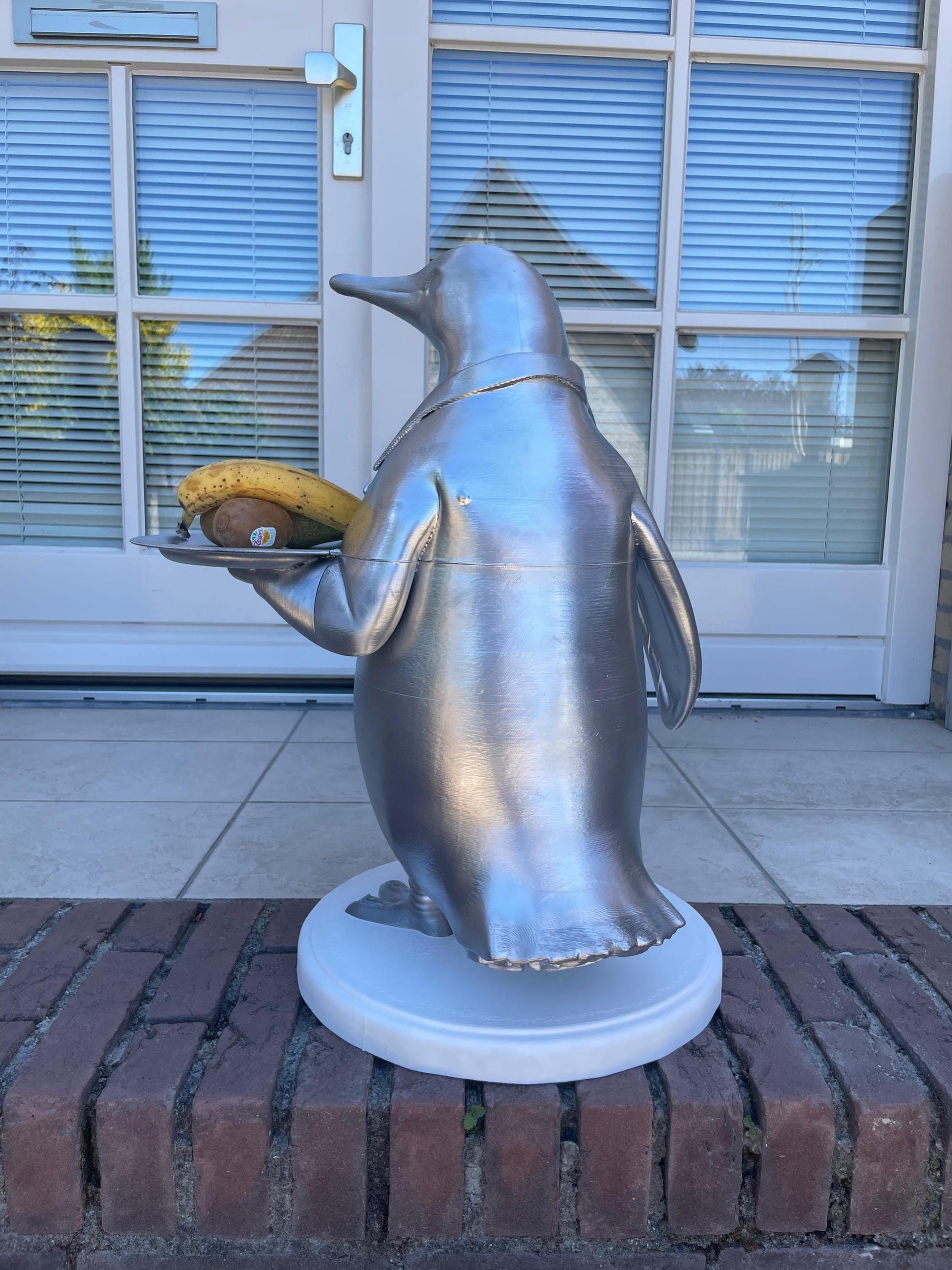 Penguin Butler Statue | Unique Home or Business Decor | Silver Tuxedo Server Figurine good for Fruit Tray display or showcase items