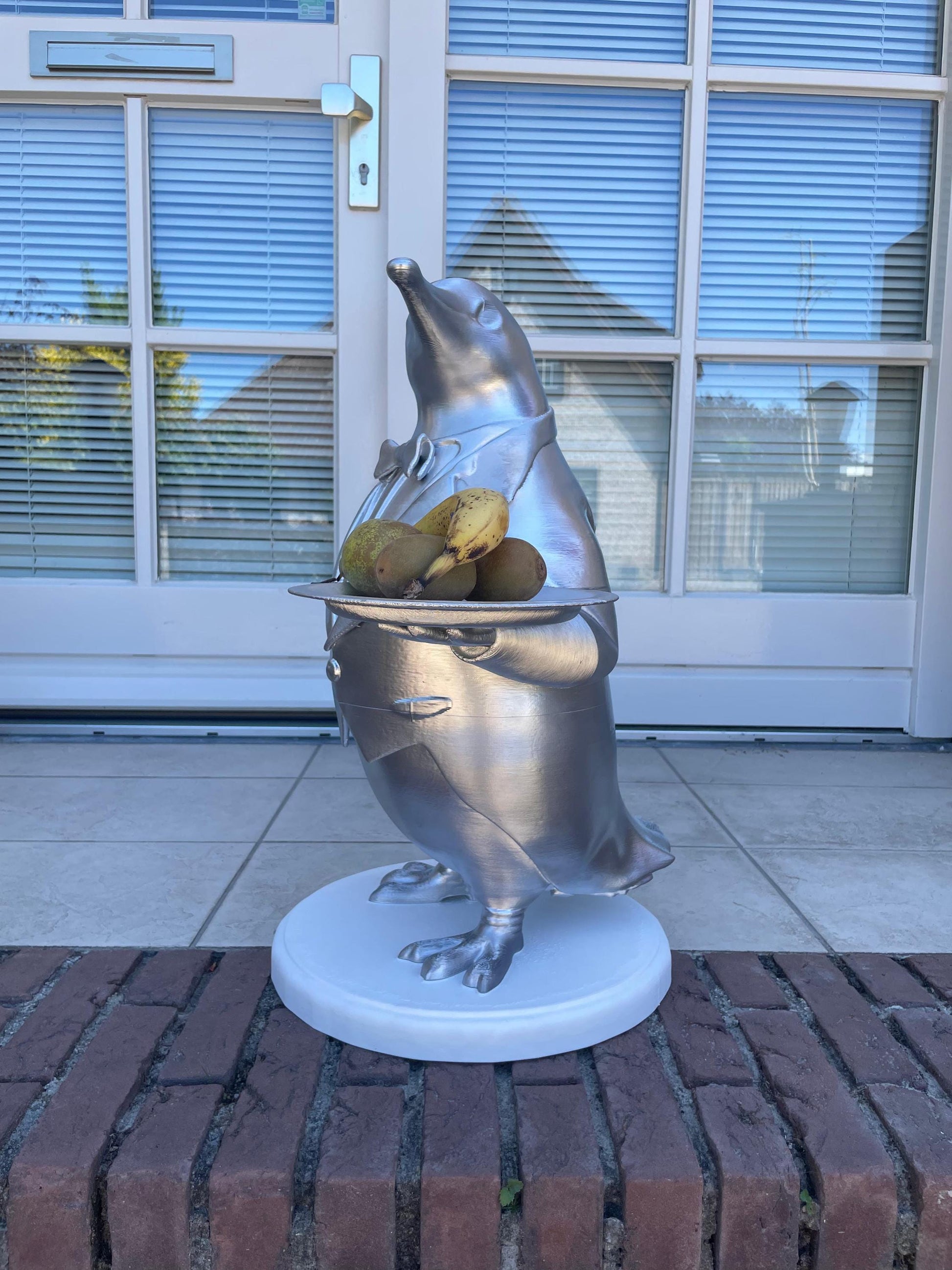 Penguin Butler Statue | Unique Home or Business Decor | Silver Tuxedo Server Figurine good for Fruit Tray display or showcase items