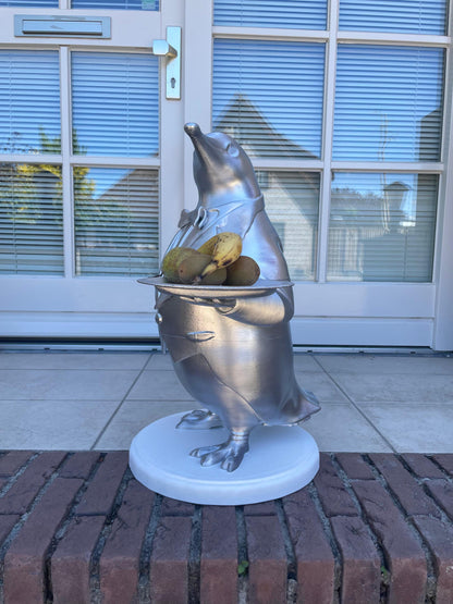 Penguin Butler Statue | Unique Home or Business Decor | Silver Tuxedo Server Figurine good for Fruit Tray display or showcase items