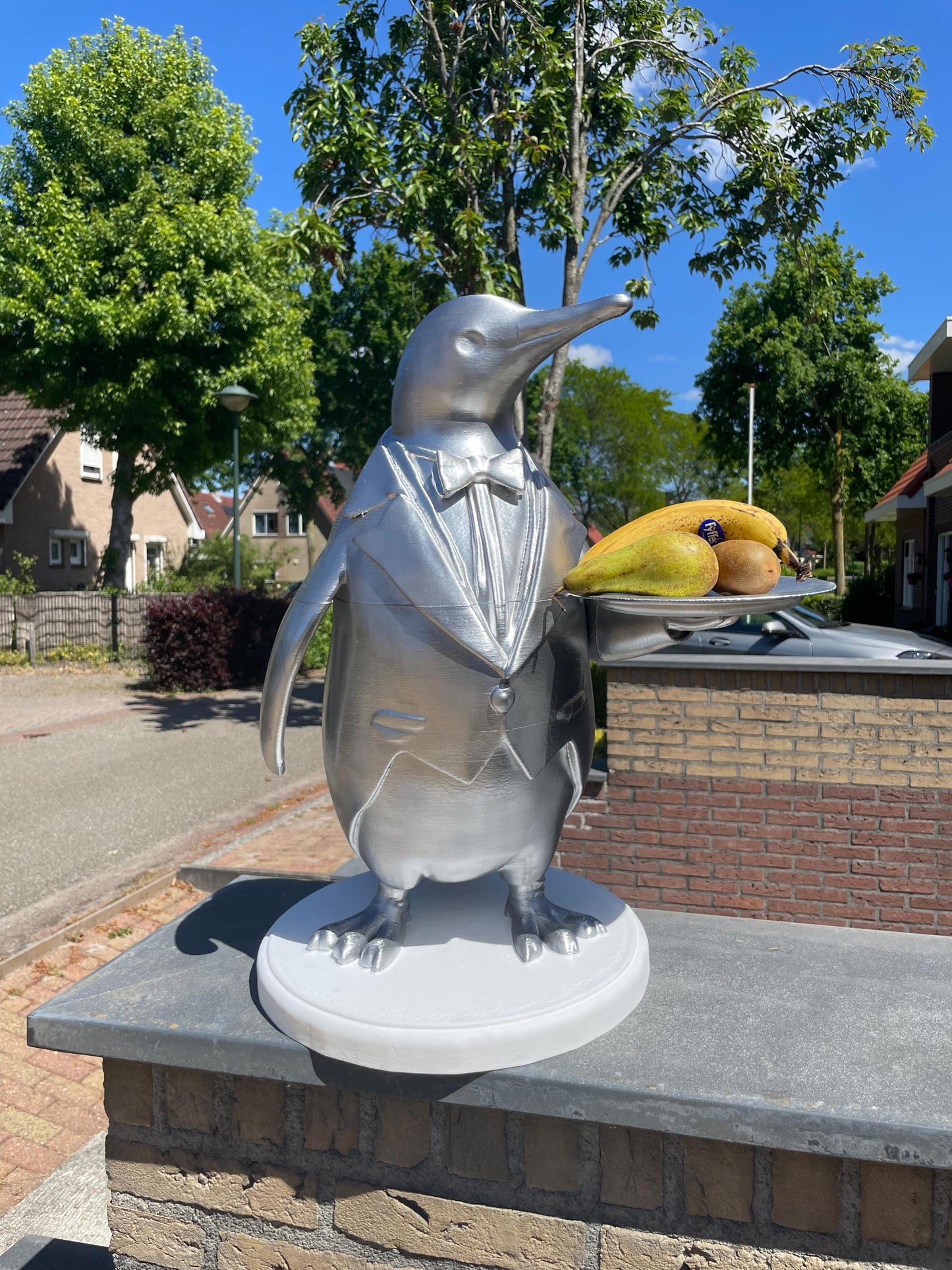 Penguin Butler Statue | Unique Home or Business Decor | Silver Tuxedo Server Figurine good for Fruit Tray display or showcase items