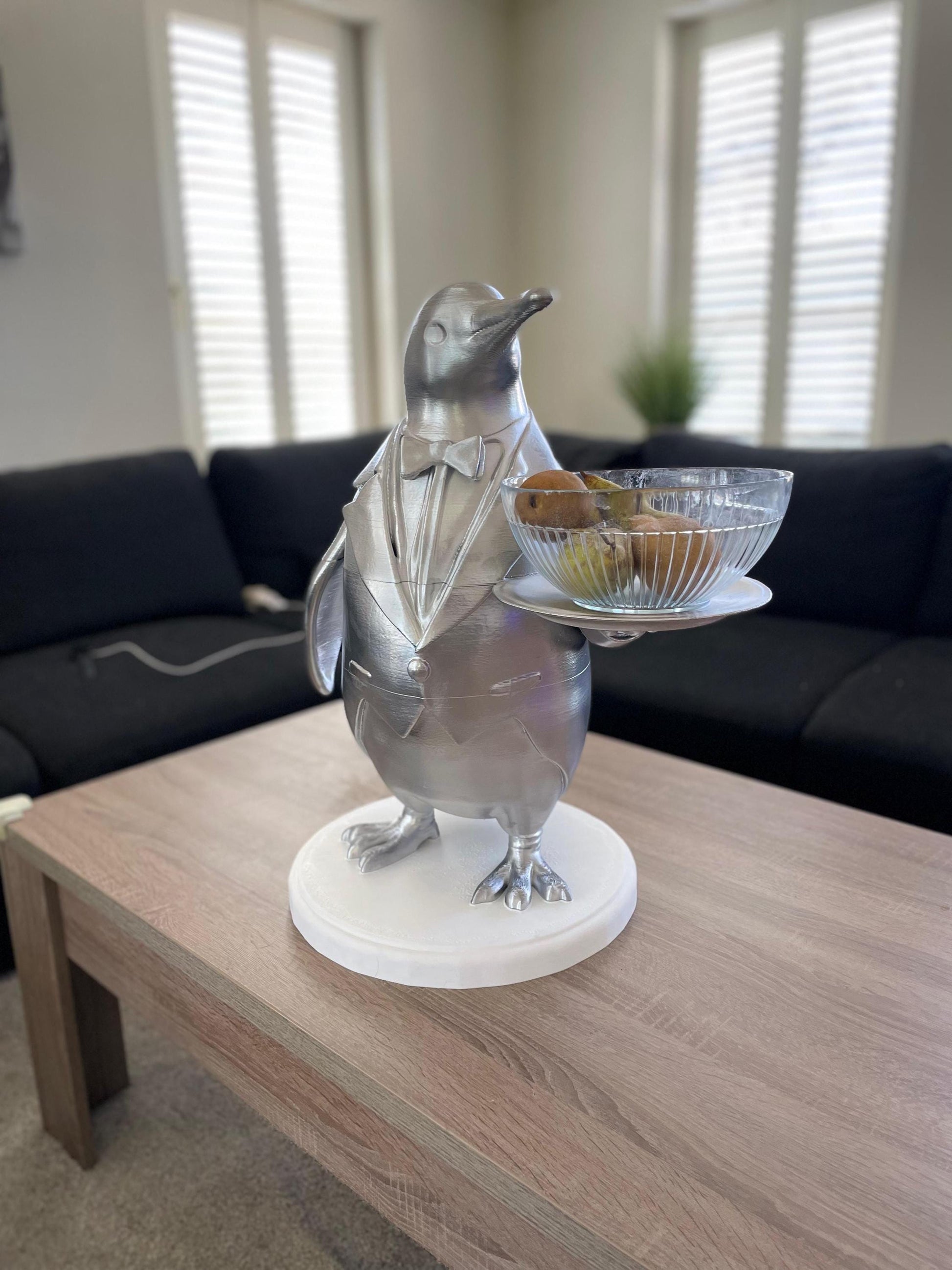 Penguin Butler Statue | Unique Home or Business Decor | Silver Tuxedo Server Figurine good for Fruit Tray display or showcase items
