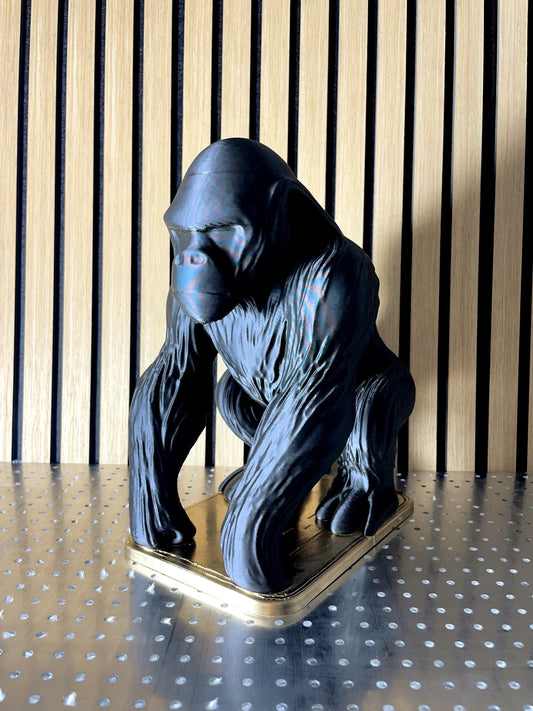 Gorilla Sculpture Black Glossy Ape Statue Contemporary Animal Art Gold Base Primate Decor Office Gift Wildlife Figurine