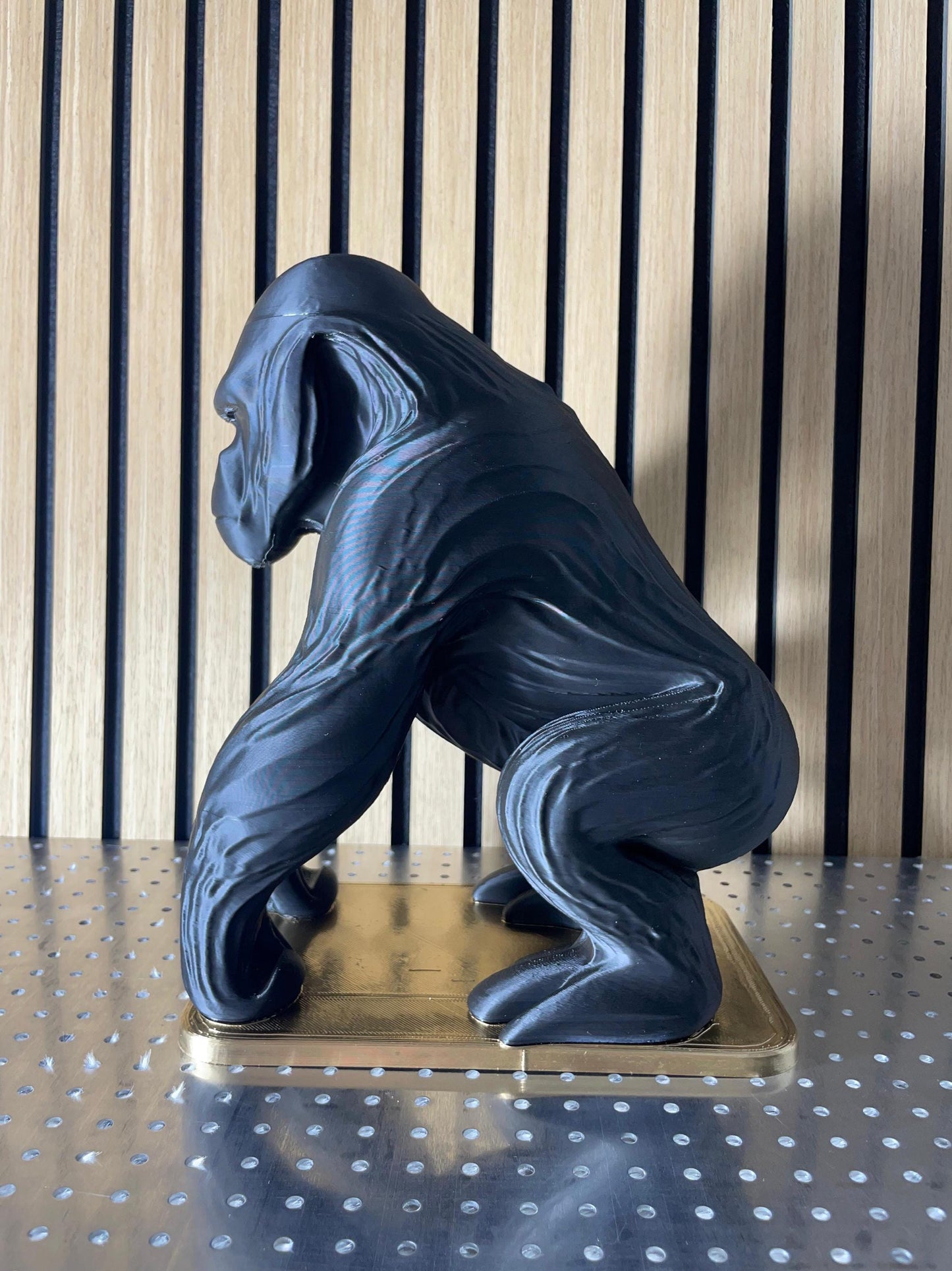 Gorilla Sculpture Black Glossy Ape Statue Contemporary Animal Art Gold Base Primate Decor Office Gift Wildlife Figurine