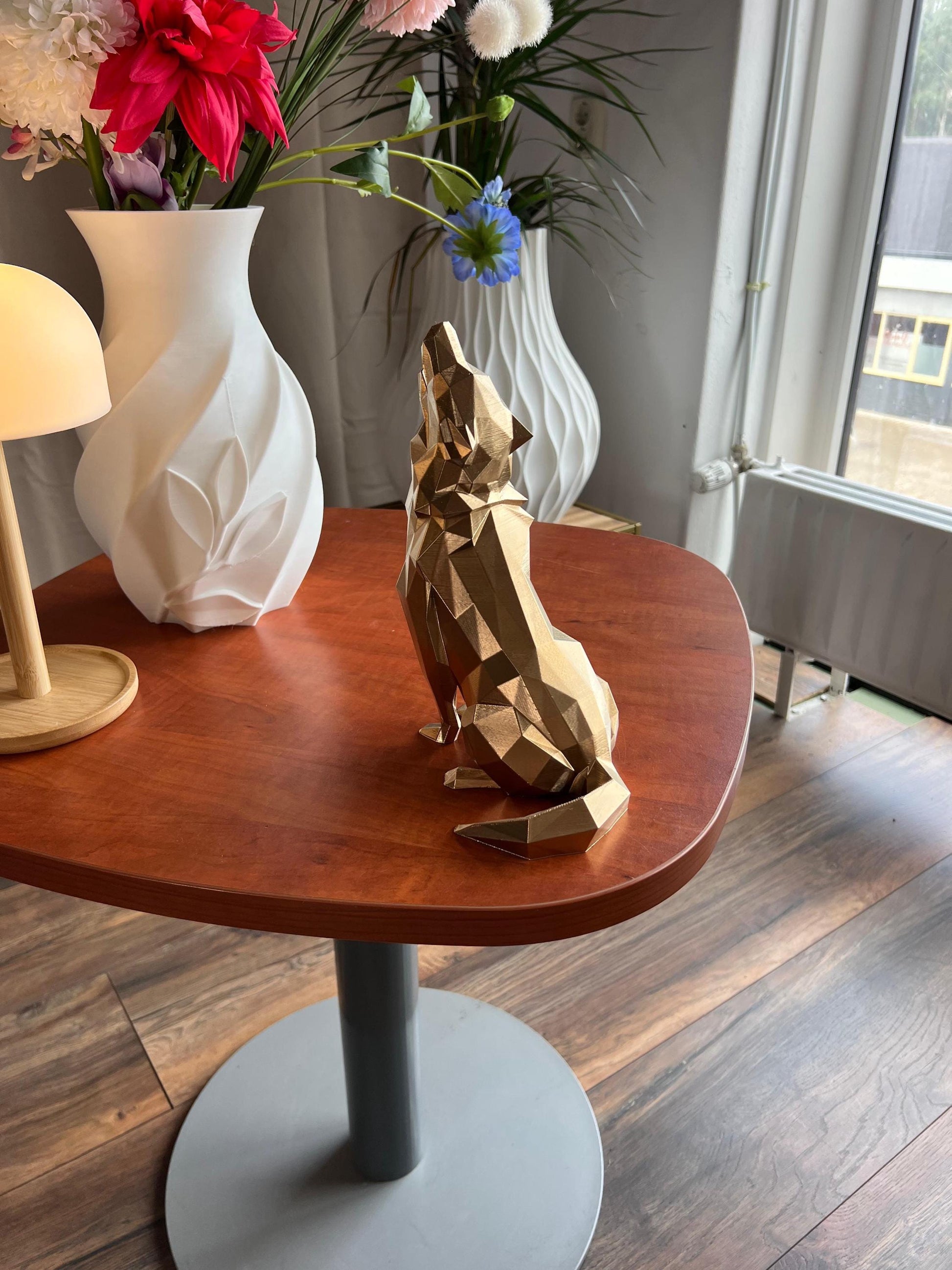 Wolf Sculpture | 3D Printed Low Poly Wolf Decor in Gold | Bold Modern Art Piece for Home or Office
