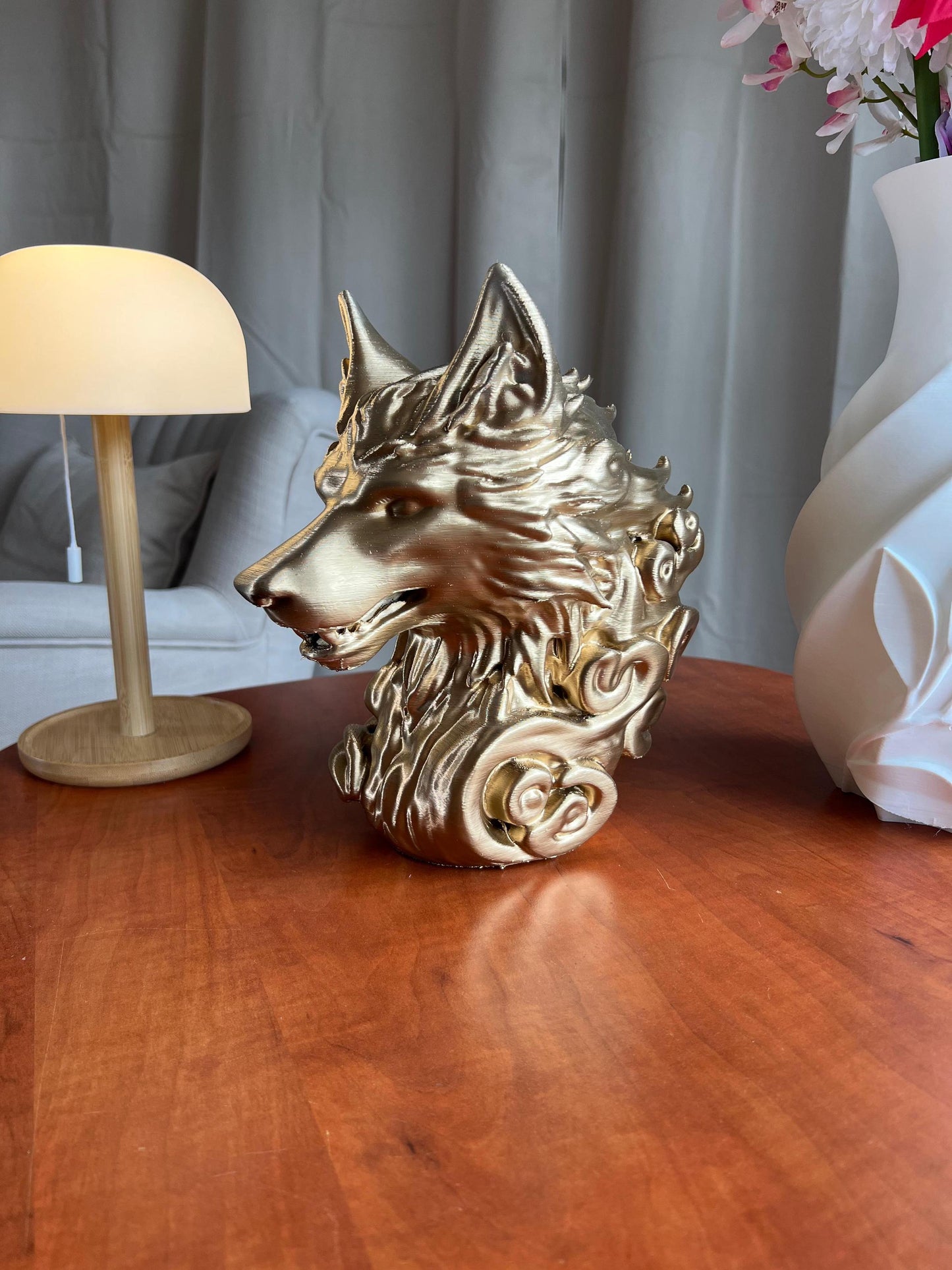 Gold Wolf Head | 3D Printed Low Poly Wolf Bust in Gold | Striking Modern Decor for Home or Office