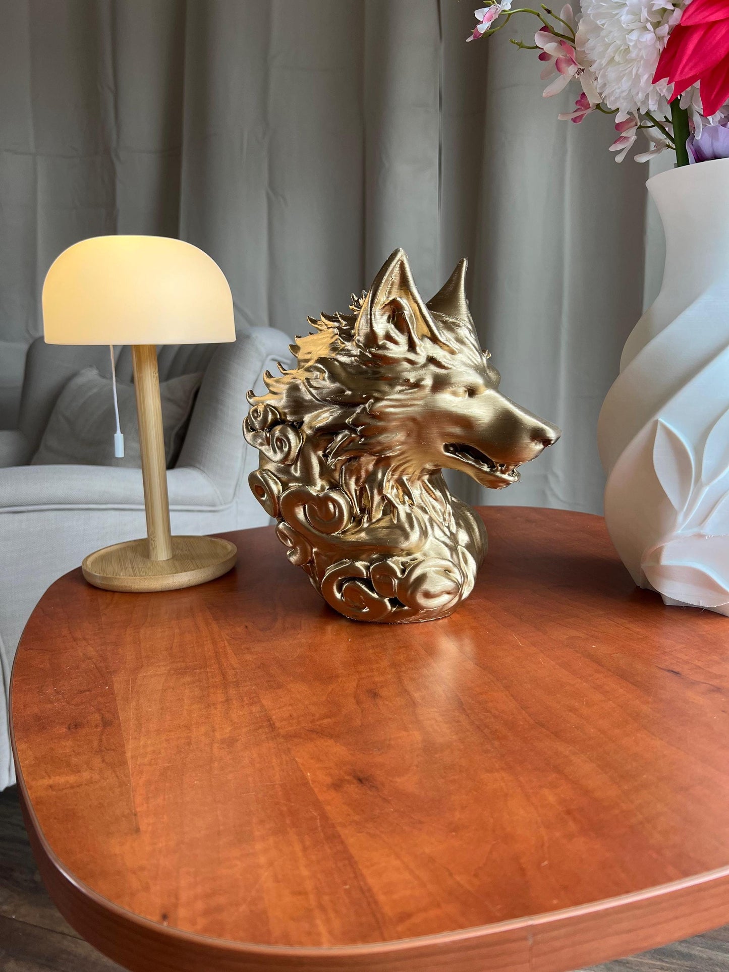 Gold Wolf Head | 3D Printed Low Poly Wolf Bust in Gold | Striking Modern Decor for Home or Office
