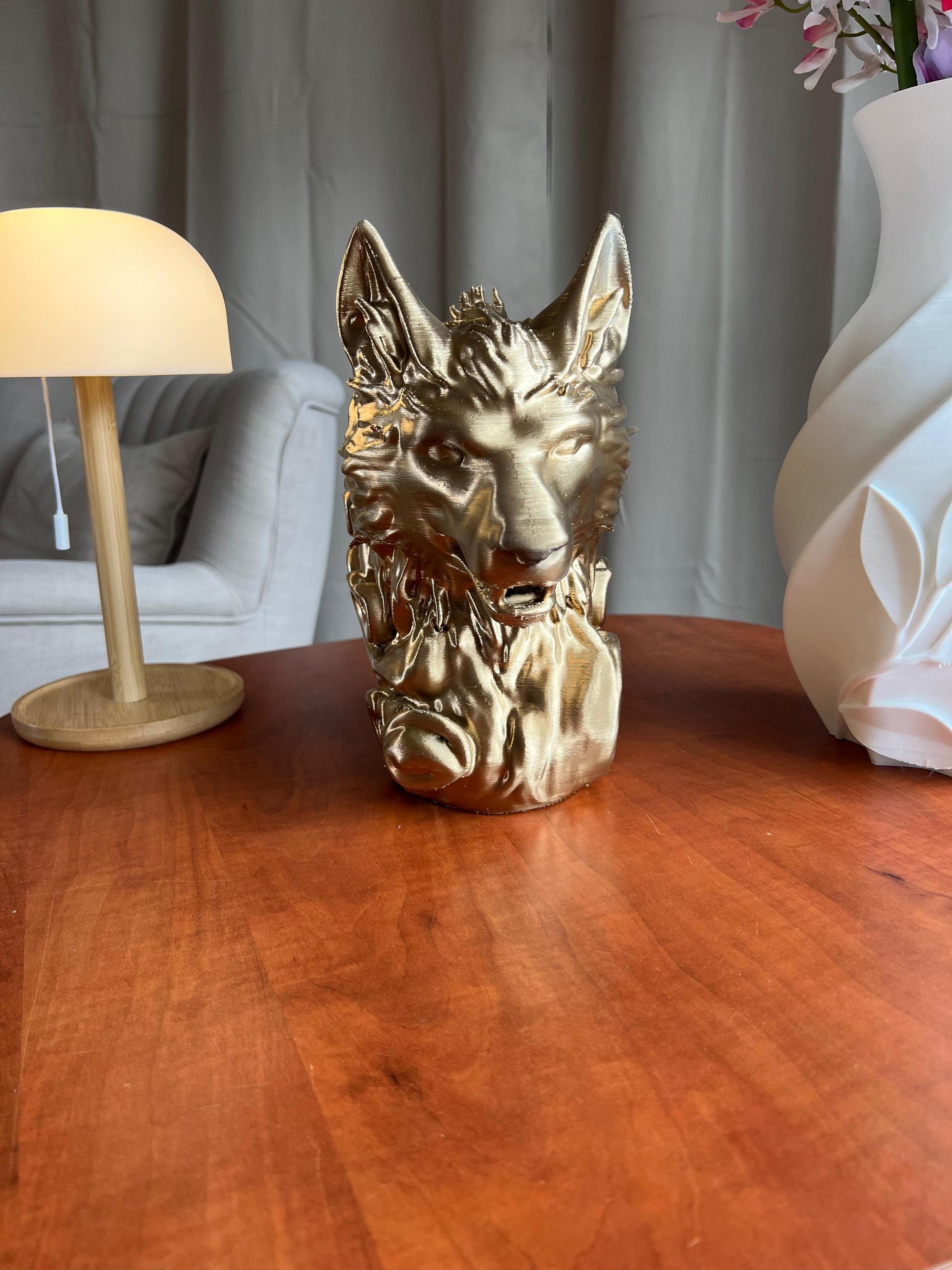 Gold Wolf Head | 3D Printed Low Poly Wolf Bust in Gold | Striking Modern Decor for Home or Office