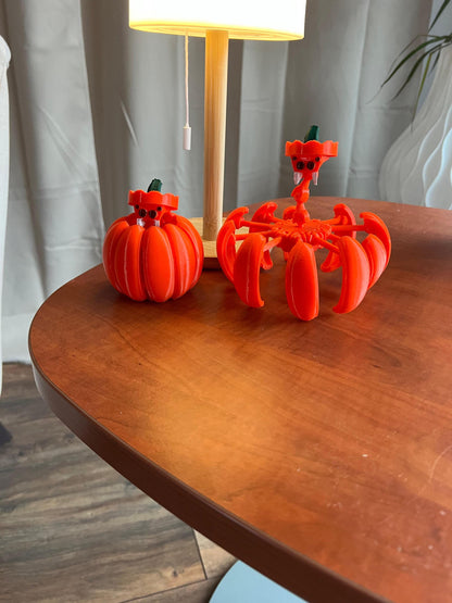 Movable Spider Pumpkin Halloween Decor | 2 Spiders | Orange Sculpture Set - Spooky Tabletop Display | Perfect Gift for Halloween Enthusiasts