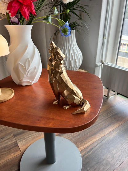 Wolf Sculpture | 3D Printed Low Poly Wolf Decor in Gold | Bold Modern Art Piece for Home or Office