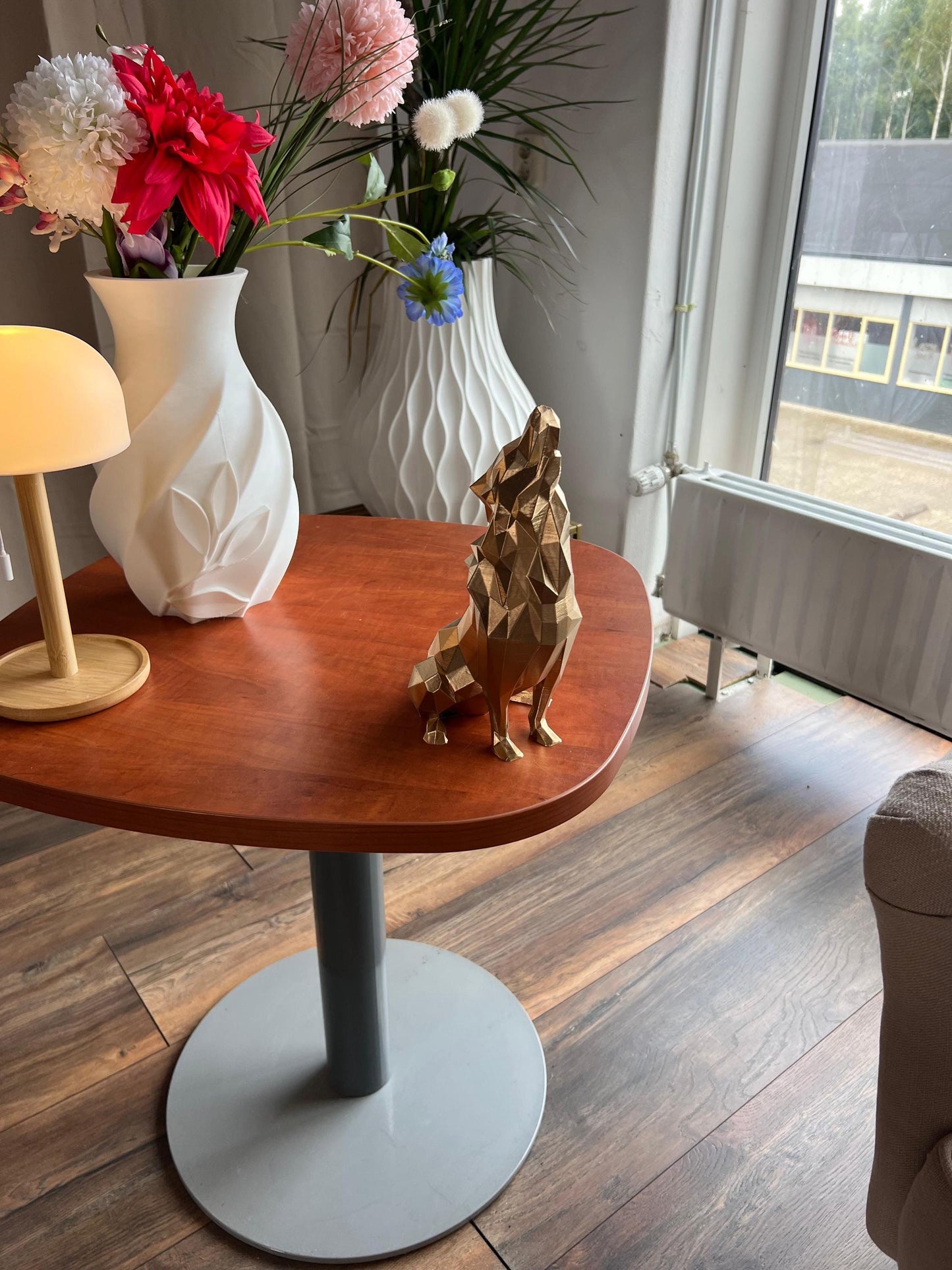 Wolf Sculpture | 3D Printed Low Poly Wolf Decor in Gold | Bold Modern Art Piece for Home or Office