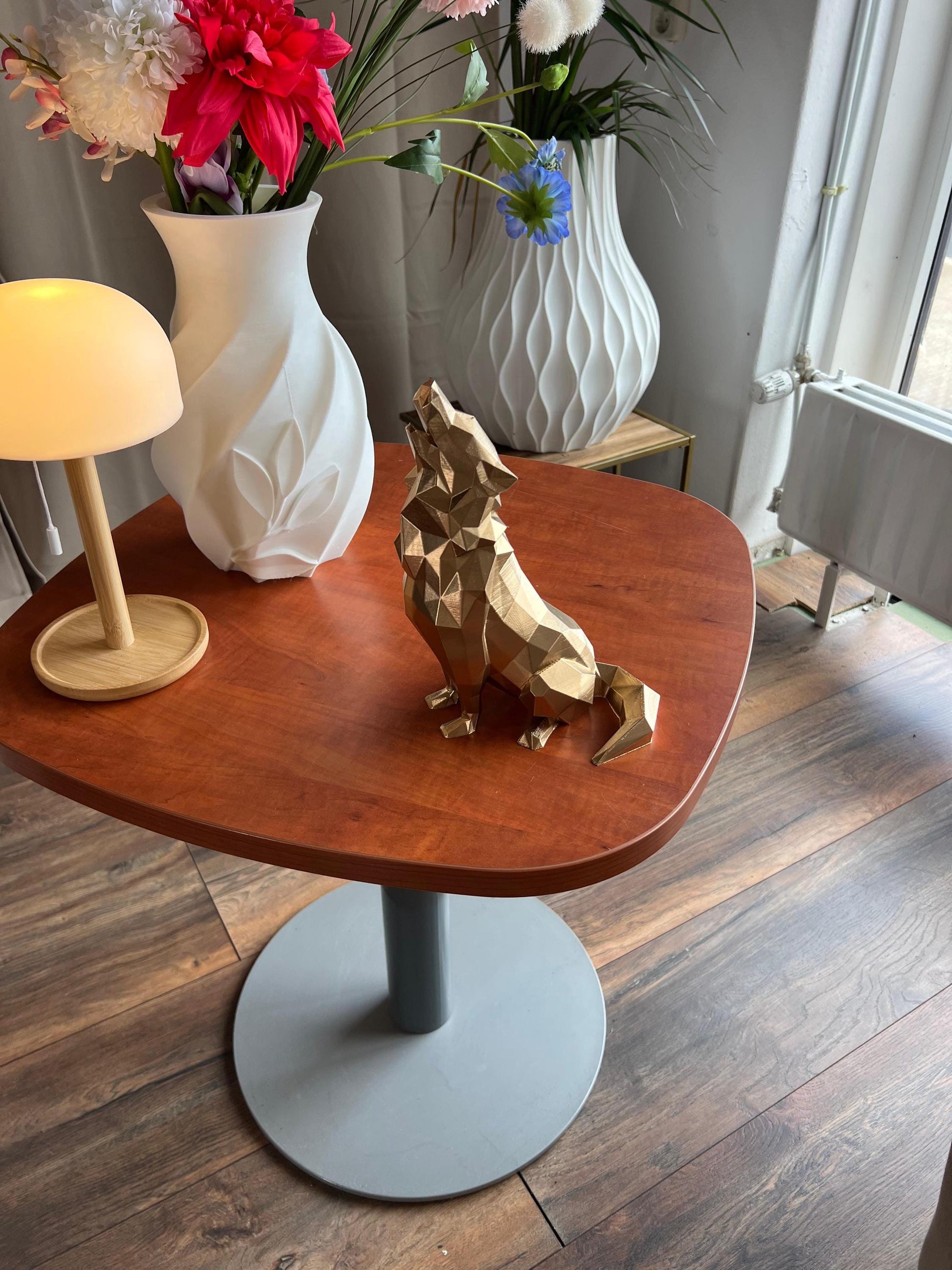 Wolf Sculpture | 3D Printed Low Poly Wolf Decor in Gold | Bold Modern Art Piece for Home or Office