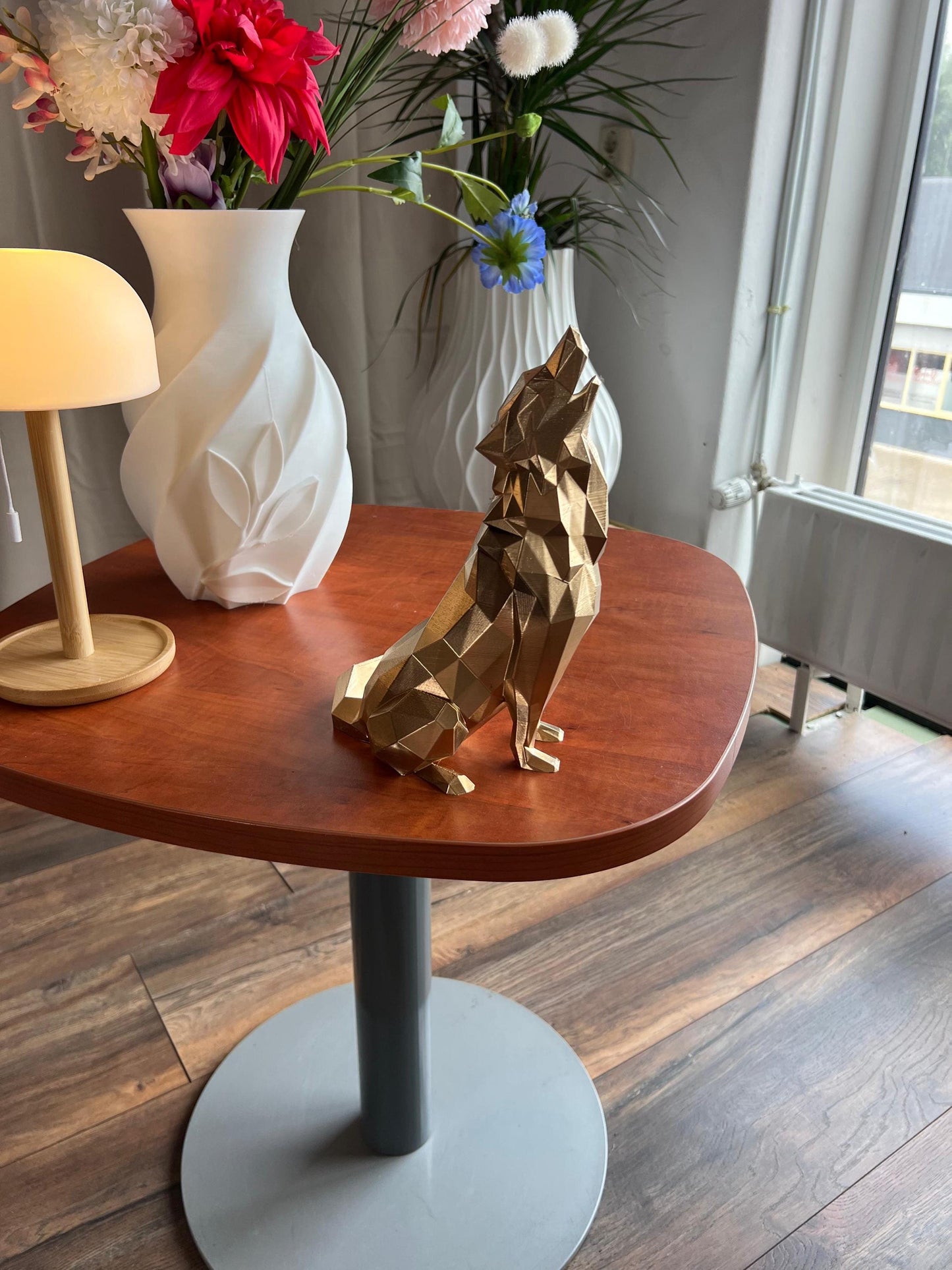 Wolf Sculpture | 3D Printed Low Poly Wolf Decor in Gold | Bold Modern Art Piece for Home or Office