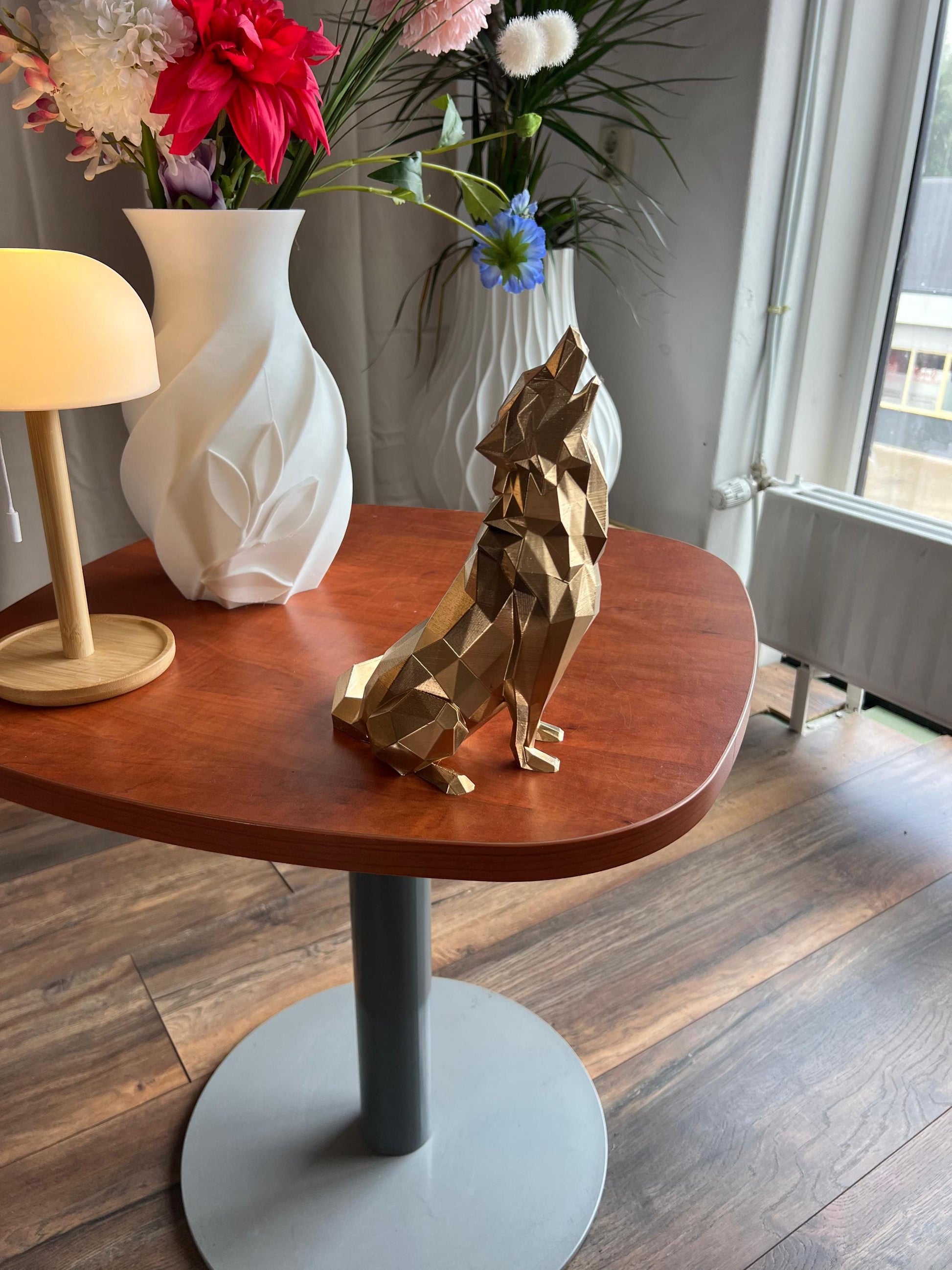 Wolf Sculpture | 3D Printed Low Poly Wolf Decor in Gold | Bold Modern Art Piece for Home or Office