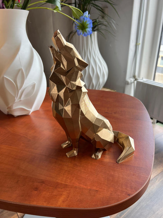 Wolf Sculpture | 3D Printed Low Poly Wolf Decor in Gold | Bold Modern Art Piece for Home or Office