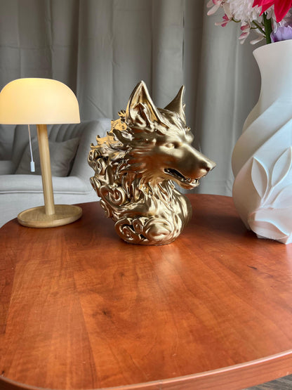 Gold Wolf Head | 3D Printed Low Poly Wolf Bust in Gold | Striking Modern Decor for Home or Office