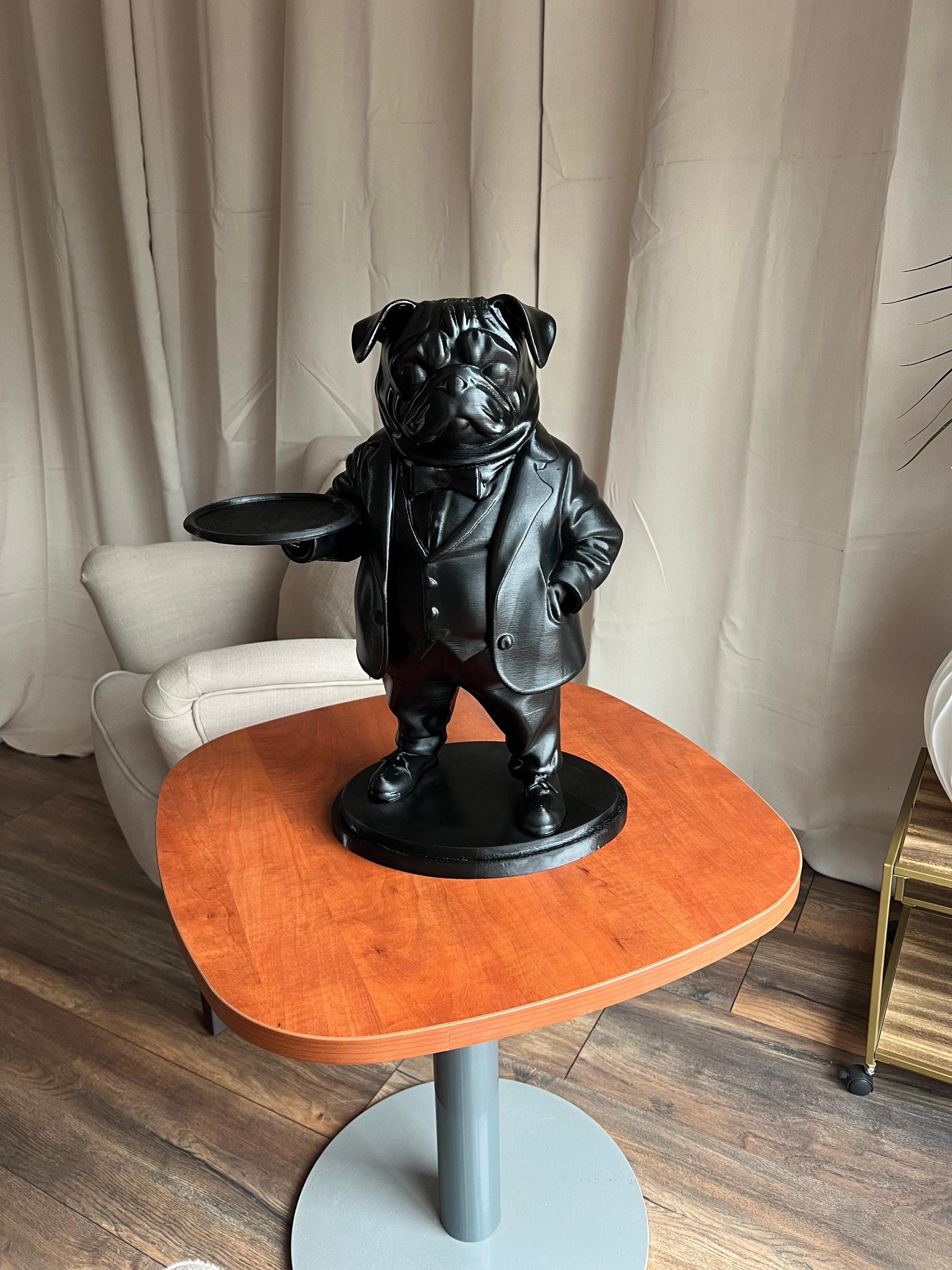 Pug Butler Table 70CM - Elegant Champagne Tray Holder & Key Organizer - Whimsical Dog Statue for Home Decor - Ideal Gift for Dog Lovers