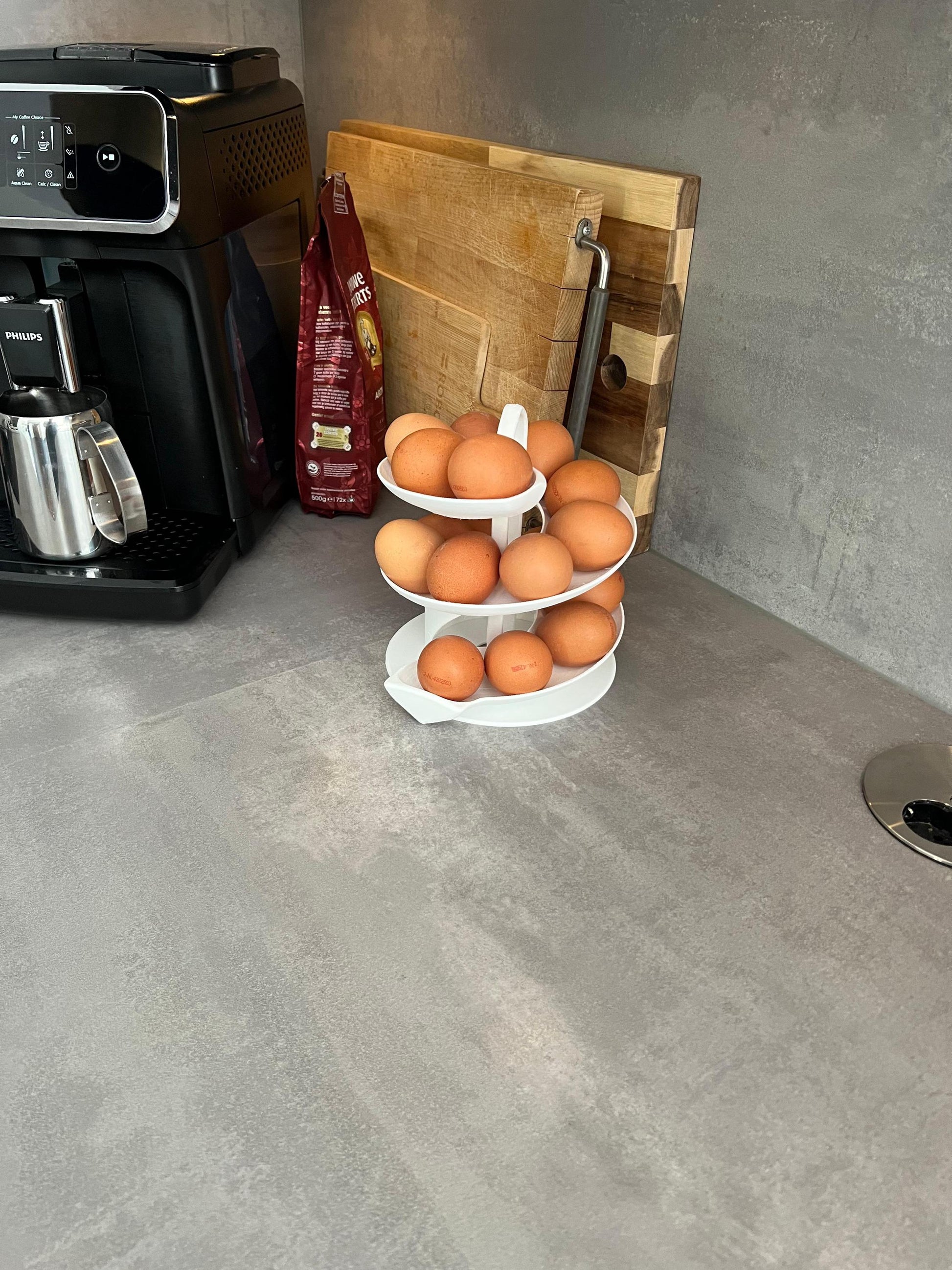 Egg Holder Dispenser | Spiral Egg Organizer | Modern Kitchen Storage | Rolling Egg Rack | Unique Countertop Display