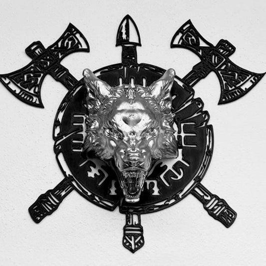 Viking Wolf Wall Art - 3D Printed Norse Fenrir Shield with Axes & Spears - Metallic Silver Black Home Decor