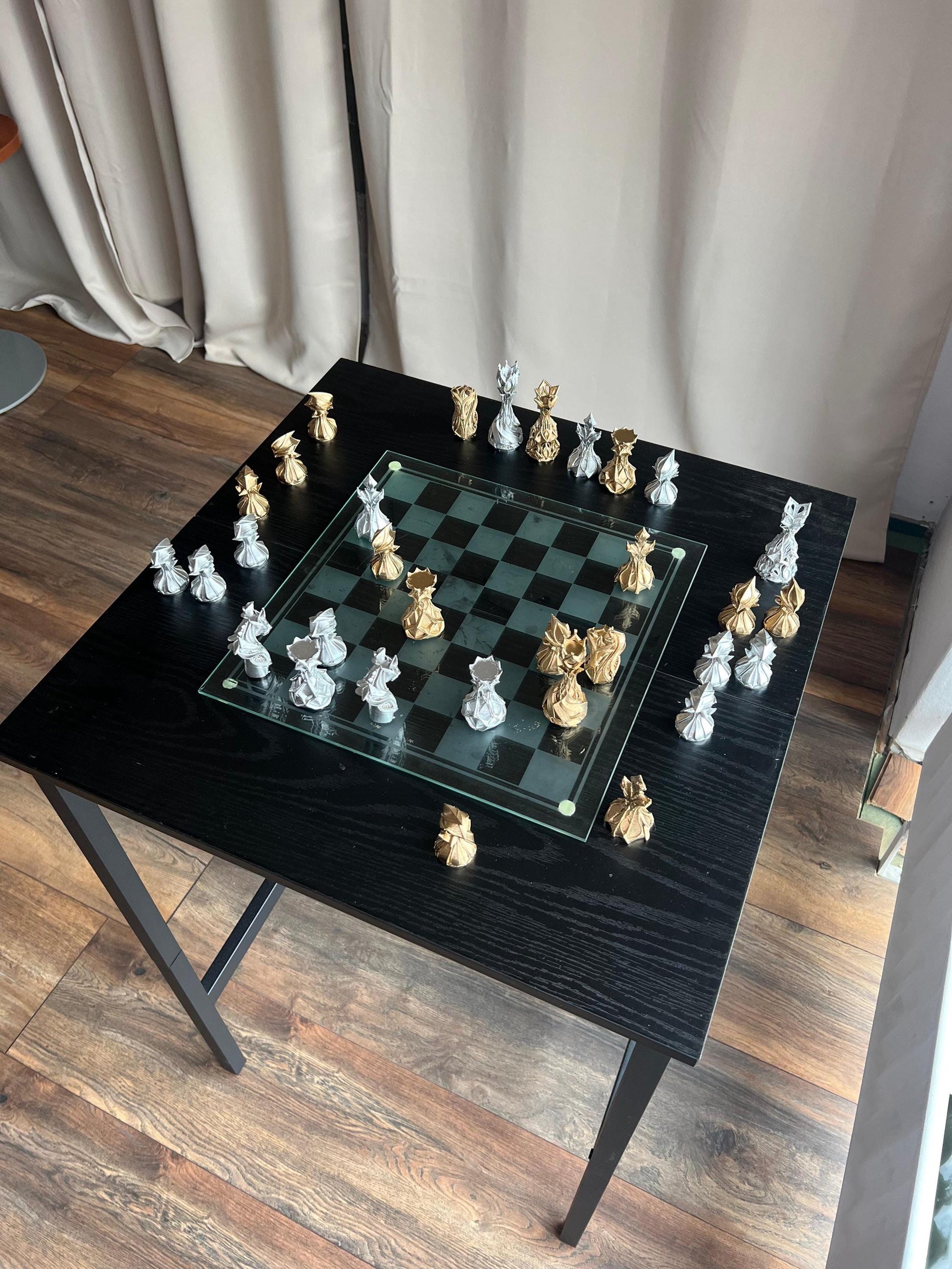 Chess Set Unique Handcrafted Origami | Gold and Silver Foil Pieces | Chess Gift | Modern Decor | Chessboard Art |