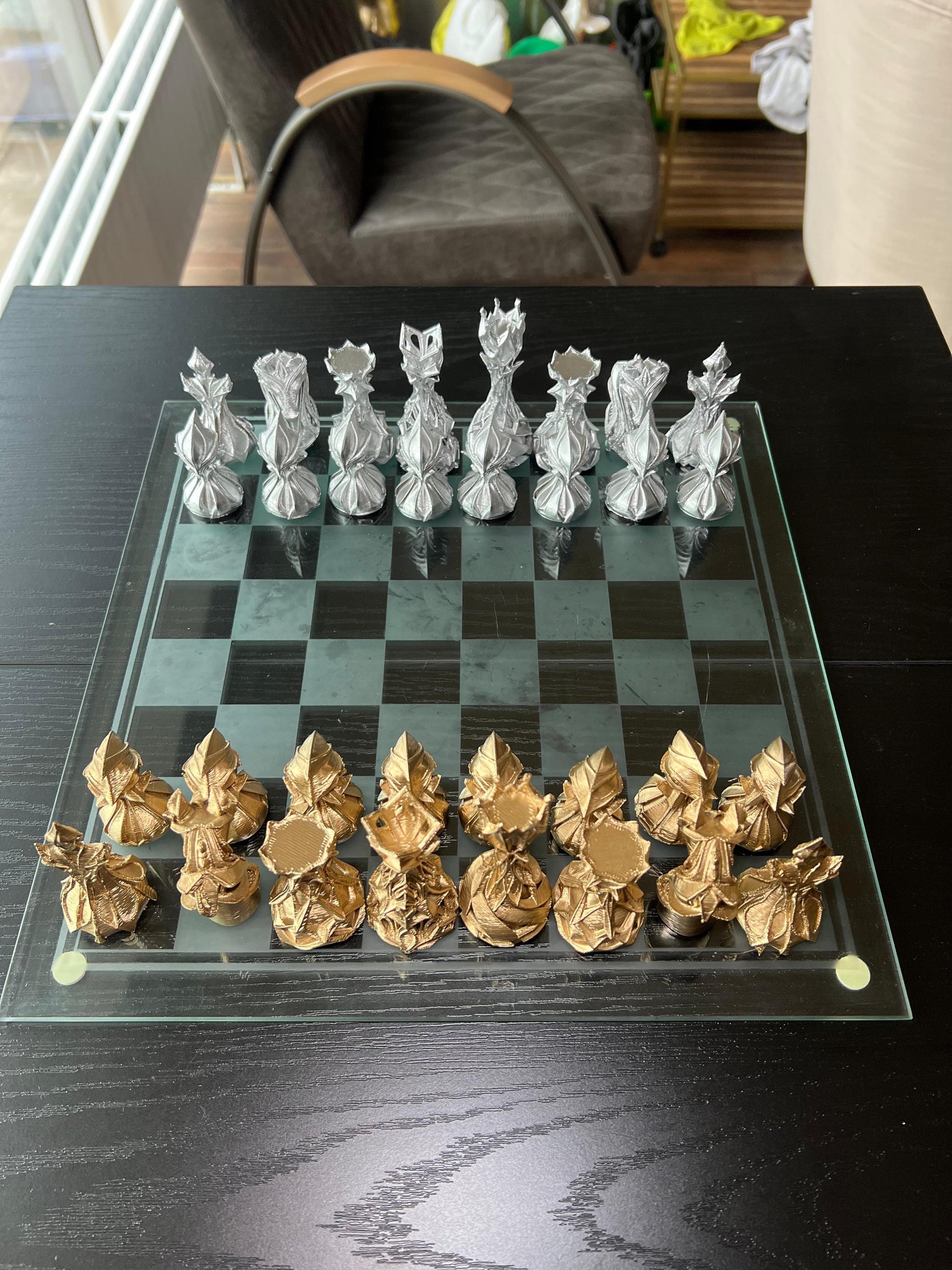 Chess Set Unique Handcrafted Origami | Gold and Silver Foil Pieces | Chess Gift | Modern Decor | Chessboard Art |