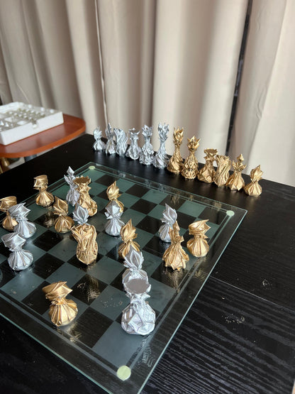 Chess Set Unique Handcrafted Origami | Gold and Silver Foil Pieces | Chess Gift | Modern Decor | Chessboard Art |