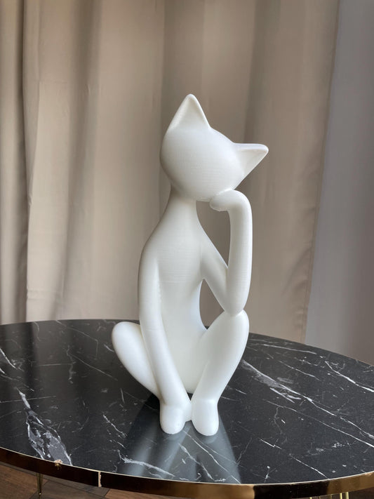 Thinking Cat Statue - 3D Printed Minimalist Cat Thinker Figurine - Cute Home Decor