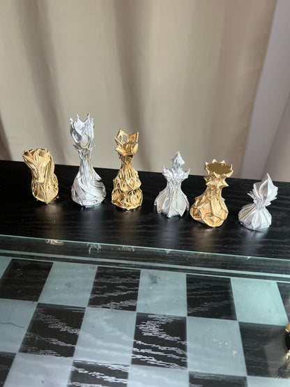 Chess Set Unique Handcrafted Origami | Gold and Silver Foil Pieces | Chess Gift | Modern Decor | Chessboard Art |