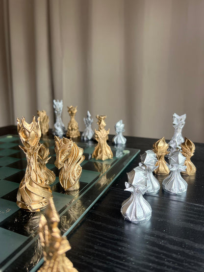 Chess Set Unique Handcrafted Origami | Gold and Silver Foil Pieces | Chess Gift | Modern Decor | Chessboard Art |